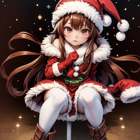 KumaXmasKC, (Christmas) costume, santa hat, (red) capelet, (red) gloves, (white) thighhighs, (brown) boots
