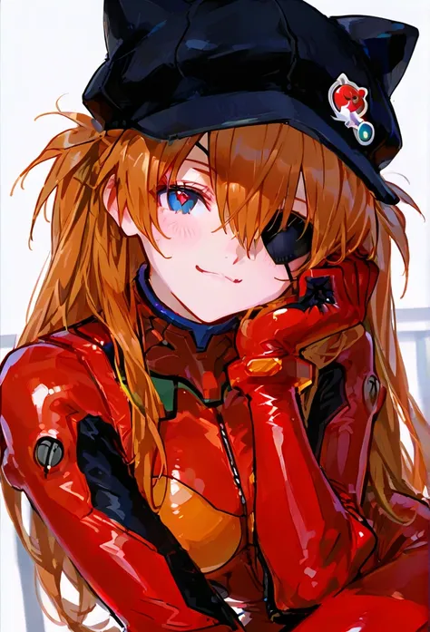  top quality , masterpiece,   748cm style  ,   One Girl  ,        top quality,           Neon Genesis Evangelion  、    Shikinami Asuka Langley、    red plug suit    、    eye patch、(Cat hat、black)、smile、 Heart Eye 