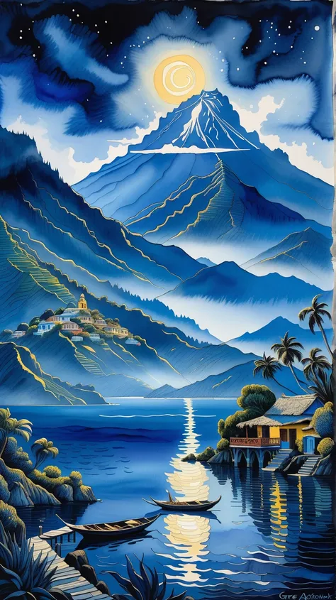 a fantasy landscape in a very dark blue color, van gogh style, Watercolor, trending on artstation, sharp focus, studio photo, intricate details, highly detailed, by greg rutkowski. Lago atitlan , guatemala
