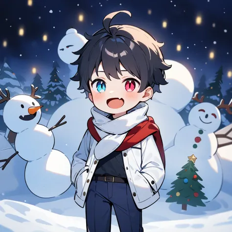 （masterpiece：1.2，high quality），8k，High resolution，A seven-year-old boy，cute boy，black hair，short hair， heterochromia，slit pupils， ahoge，laughing， skin fang，Wearing a white coat，scarf，Dark blue pants，Christmas ，night，Christmas tree，Gift，primary school stude...