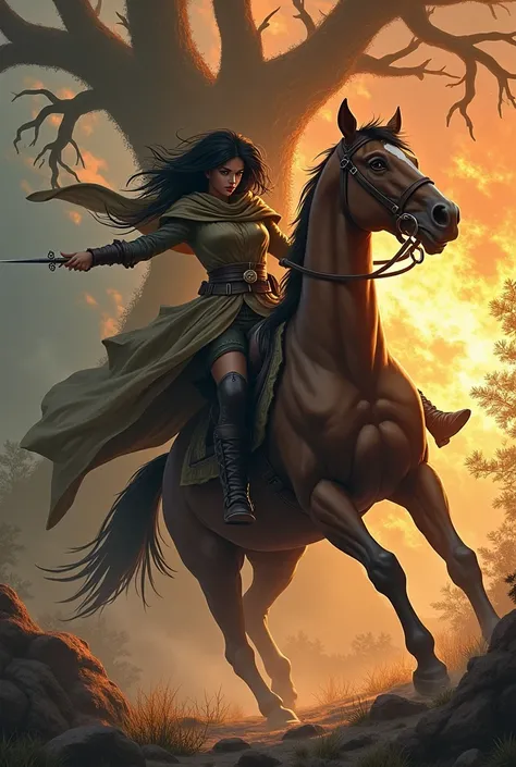 Black haired woman in cloak falling off a horse with a dagger in her hand in front of a flaming tree monster