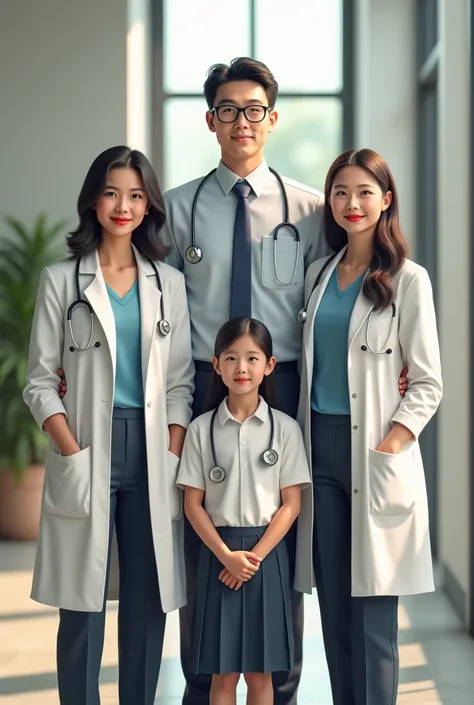 Please make me a picture of the teacher in uniform with the first daughter working as a doctor and the second daughter a junior high school student