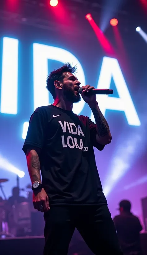 " Ultra-realistic image of Lionel Messi in rapper style ,  holding a microphone while singing with energy and attitude on stage .  He is wearing a black shirt with the inscription RACIONAIS MCS in white letters,  that contrasts with the illuminated environ...