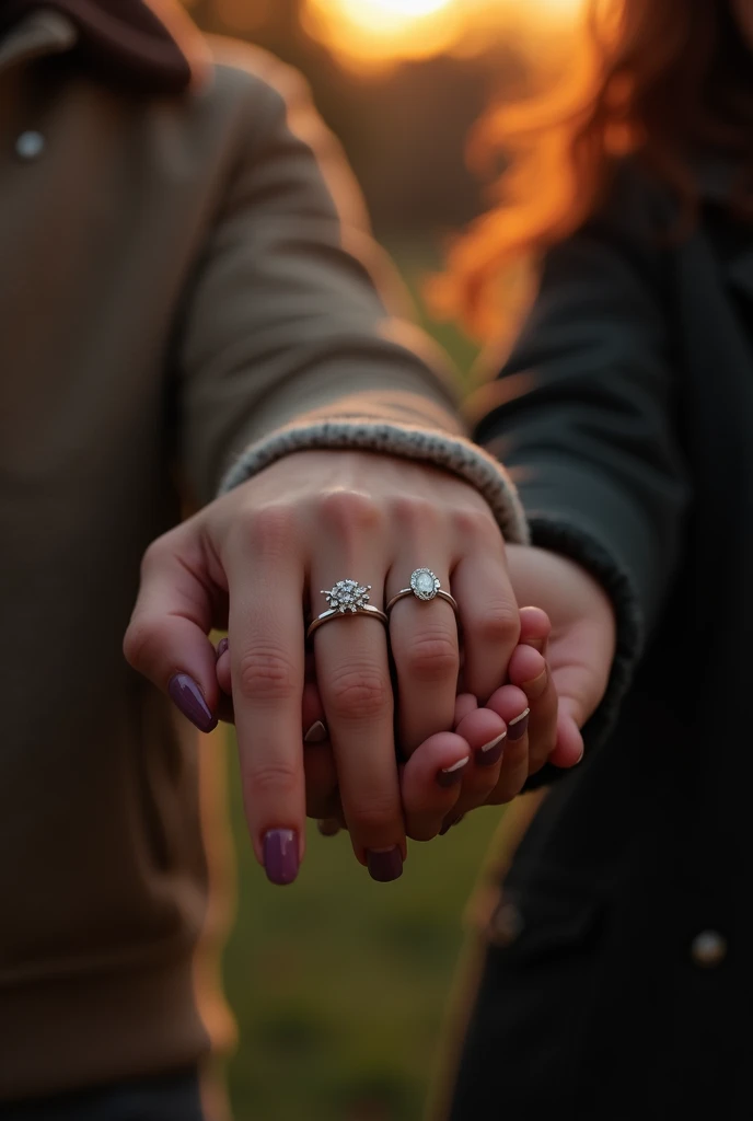  Create an image like those photos of couples showing their hands with a ring on their finger ,  at the angle where the woman is taking a photo and that it is at night and showing only the hands and the ring must be those of dating. SHOWING ONLY THE HANDS ...