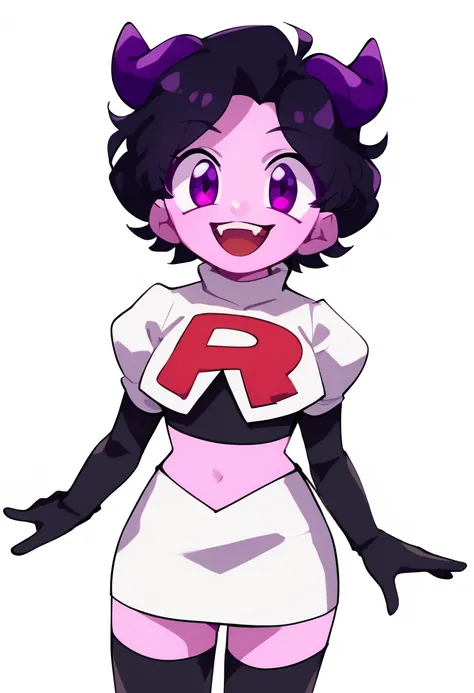 jellybean_yt, solo, looking at viewer, smile, short hair, open mouth, black hair, 1girl, white background, purple eyes, female focus, horns, teeth, colored skin, fangs, team rocket,team rocket uniform,white skirt,red letter R,crop top,black thigh-highs,bla...