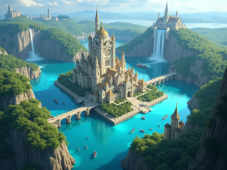  An immersive illustration of the Fourth Floor Aincrad ,  highlighted by its crystal clear waters and lush landscapes .  The central scene shows Rovia ,  The main city ,  shining in shades of white and gold ,  reflected perfectly in the lakes waters square...