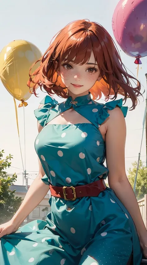 1girl, give her a cute strawberry inspired outfit, sleeveless, red balloon dress, white polka dots, ruffled green hem, cute, red hair, freckles, brown eyes,cute face, finger on chin, innocent expression, beautiful picturesque scene, colorful unique charact...