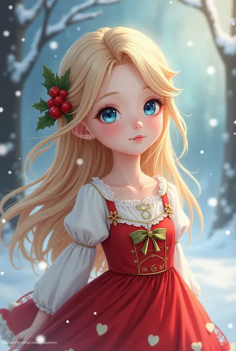 Girl with blond hair ,  blue eyes wearing Manhwa style Christmas dress 