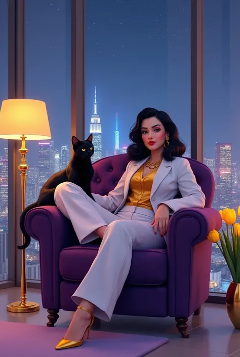 A 40-year-old slightly overweight ,  pale skin and rosy cheeks ,  small tits ,  medium black hair , wearing a white suit with gold blouse underneath, gold jewelry and gold high heel shoes ,  woman sitting on a purple velvet armchair with her black cat in a...