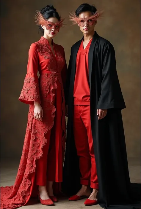  Handsome Thai man wearing red shirt and long black linen cloak wearing matching pants and slippers and beautiful Korean Thai woman smiling thinly wearing red fractal dress, accessories and masks on matching eyes and high heels smiling thinly glances into ...