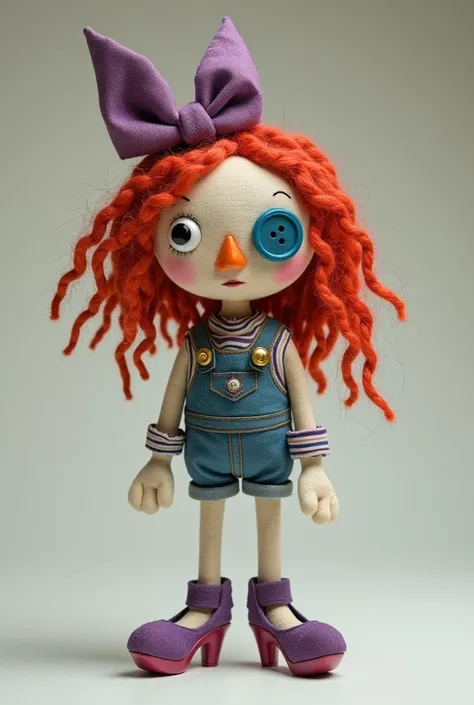 Solo Focus, d_ll, 1 ,rag doll ,   thread-like red hair ,   smooth orange triangular nose  , blue button eye and black paboveil in actual eye,  purple hair tie ,      looking at the spectator , crouched,  front view ,  Spreading her legs, high heel platform...