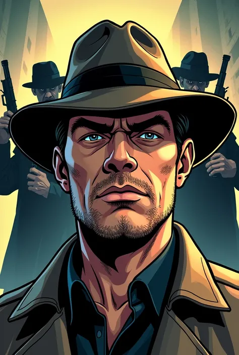 front page, face of a man detective  (cartoon comic style )  and in the background several shadow men with weapons 