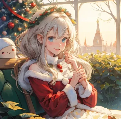  christmas illustration，，(  High Quality  , 8k), garden, Wooden bench,  More beautiful more beautiful、Woman in Santa Claus costume with poinsettia flowers in her hair,  More beautiful than Kirraアートwork,  More beautiful than Kirra,  More beautiful than Kirr...