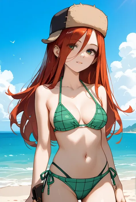 source_7_up, source_9_up, source_anime, ((masterpiece)), (best quality), (ultra-detailed), bangs, wendy corduroy, long hair, red hair, bikini, beach, solo