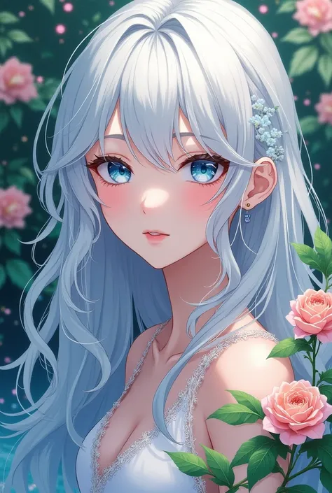 Tokyo Revengers panel Beautiful girl with long wavy white hair ,  long white eyelashes with deep and striking sky blue eye color in the background of a beautiful garden
