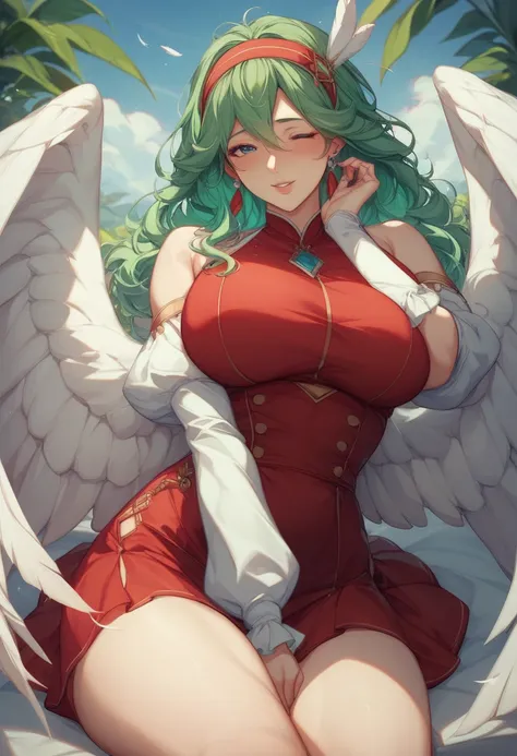  big pure white wings、 green hair( hair that stretches to the shoulders)、 mini dress 、( Red Dress 、White sleeves、 mini skirt feather shape 、Big breasted beauty with short sleeve feather shape )Thighs、 mature body 、 mature adult woman、 beautiful、 cute、 head...