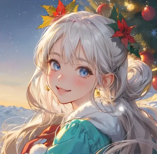 Please give me images from various angles， christmas illustration，，(  High Quality  , 8k),   More beautiful more beautiful、Woman in Santa Claus costume with poinsettia flowers in her hair,  More beautiful than Kirraアートwork,  More beautiful than Kirra,  Mor...