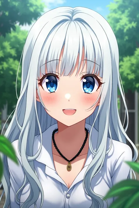 Tokyo Revengers panel Beautiful girl with long wavy white hair , long lashes in white with deep blue eye color, bright, striking, smiling, has a black necklace and a Polanco polo shirt, some silver hoop earrings in the background, a beautiful garden
