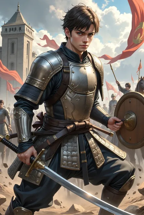 Generate an image with: score_9, score_8_up, score_7_up, score_6_up. Hiro, a 30-year-old man with short brown hair and a central fringe, piercing brown eyes, is in a battle pose, holding a katana in one hand and a shield in the other. He is dressed in a si...