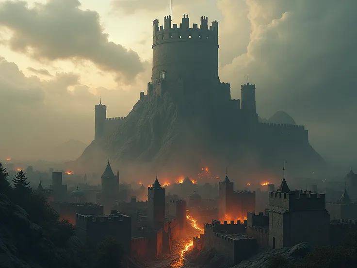 The siege of a medieval castle . A huge rounded medieval tower rises to the sky, clearly visible through the clouds , , the walls of the castle are attacked by a thunder destroys A huge monster colossus above the mountains, a many-legged estate ((on 8 long...