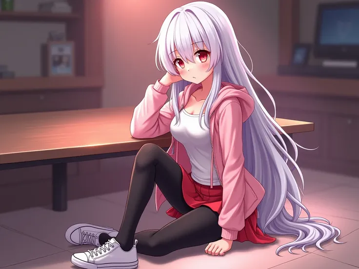 Anime girl sexy body white silver hair very red eyes with a pink jacket or sweater and a red skirt black tights white sneakers sitting on the table in front of the stepped on in claces long hair big breasts y una aura rosa la rodea como se isa pero más kaw...