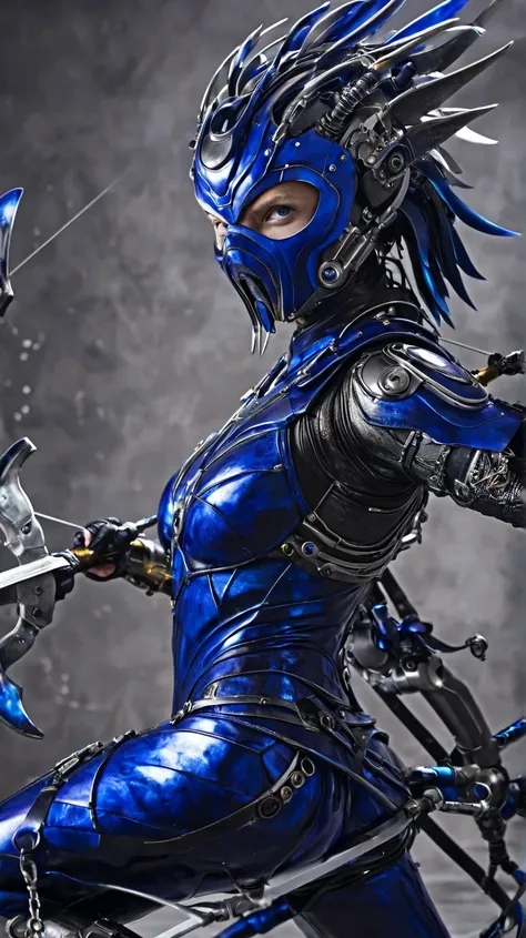 create an image of a,  Hawkeye made of metal , Eyes of Saphira ,  spitting metal ferps on demons
