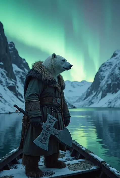 A dramatic wide shot of a frozen fjord surrounded by jagged snow-capped peaks in Norway, under an aurora-filled night sky. An ultra-realistic, 4K Viking pirate and animal-human hybrid stands at the prow of his weathered longship. His human body is merged w...