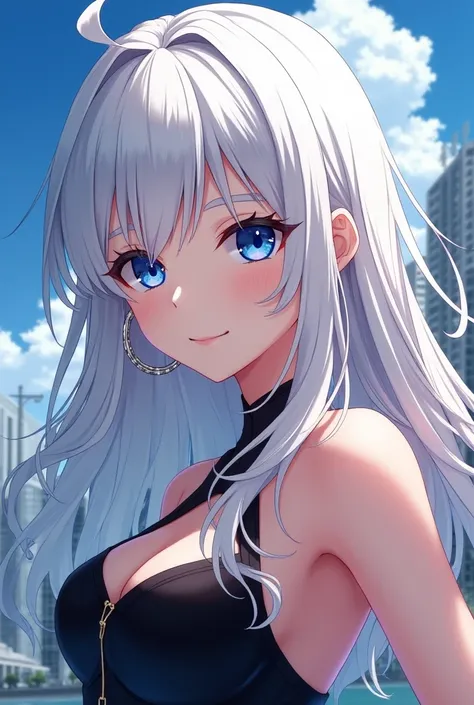 Tokyo Revengers panel Beautiful girl with long wavy white hair , long lashes in white with bright deep blue eyes flashy smiling dressed in a beautiful black dress and silver hoop earrings in the background of some buildings
