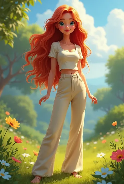  Real-cartoon-fairy-tale world , high quality ,  highly detailed ,  hyperrealistic ,  extremely realistic ,  photorealistic , 8k,  Gorgeous sexy girl with long wavy fiery hair,  beautiful thin waist ,  beautiful glutes ,  Long slender legs , eyes bright bl...