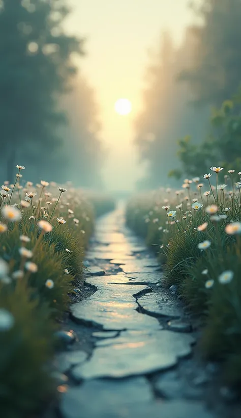 ugly,  distortion, deformation , blurred, blur,  low quality . A straight path with flowers on the sides ,  illuminated by a soft light ,  representing peace and direction guided by divine love.