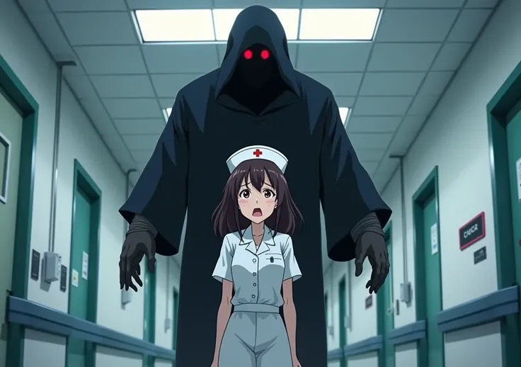 a frightened nurse in a white uniform in a hospital with a sinister spirit in black macabre creepy with sinister eyes behind her. I want a very scary image for the cover of my dark YouTube channel in an anime tone. scariest image .