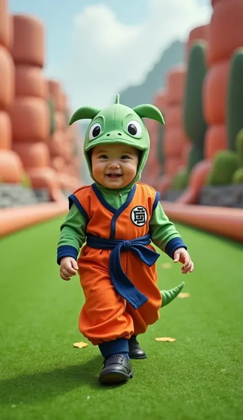 A baby wearing a Krillin cosplay, walking playfully on a grass-covered runway surrounded by colorful Dragon Ball scenery, smiling toward the camera, ultra-realistic, 8K quality.”
	4.	“A baby dressed as Pi