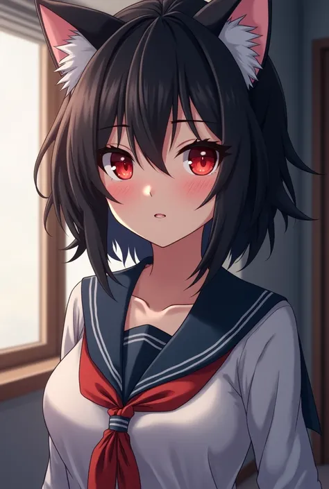  An anime girl with black hair ,a little short , in a school uniform from the Korean series  "true beauty ", the girl has red eyes almost blood , Like a light flame ,  she has gray wolf ears not very big , the shape of her ears are like more of a mangrove ...