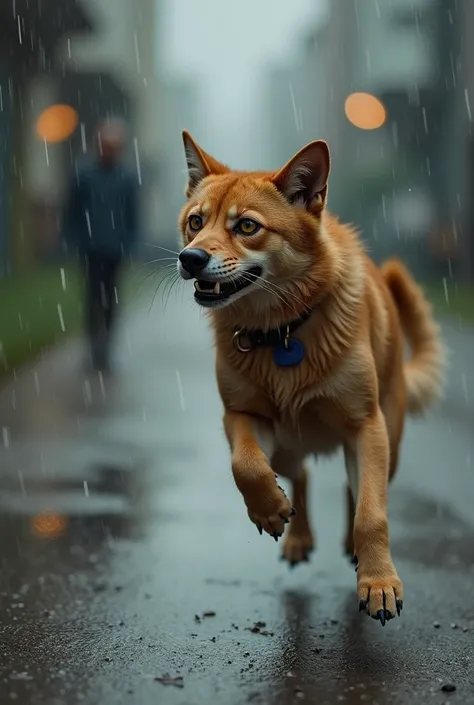 The brave cat mom is mid-leap, claws outstretched, as she attacks the snarling street dog. Rain falls heavily, and droplets scatter dramatically from their intense struggle. The dog tries to defend itself, but the cat mom’s fierce determination shines in h...