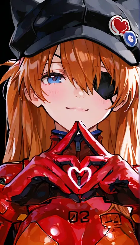 masterpiece,    top quality ,  extremely sophisticated,    absurd, up to date,    viewers 、   1 girl,   upper body,  Heart Shape Gesture    ,,     Neon Genesis Evangelion: NEW MOVIE 、  Shikinami Asuka Langley、  red plug suit  、 eye patch、（Cat hat、black）、cu...