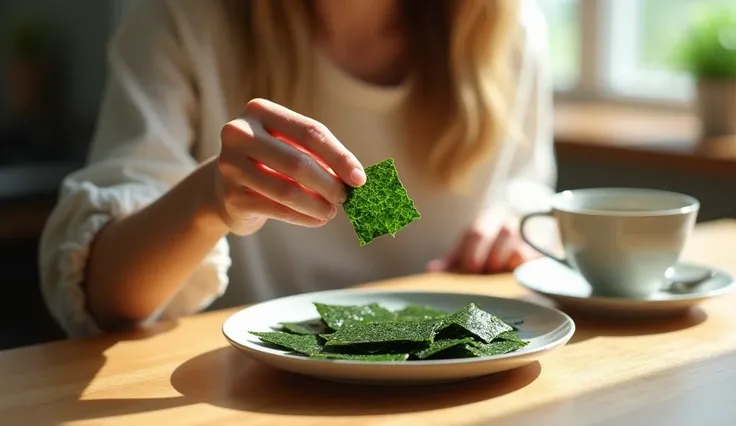 "A relatable and inviting image of a person casually enjoying seaweed (nori) as a snack. The individual is seated at a cozy kitchen counter or table, holding a small sheet of crispy nori in their hand, ready to eat. A neatly arranged plate or bowl with add...