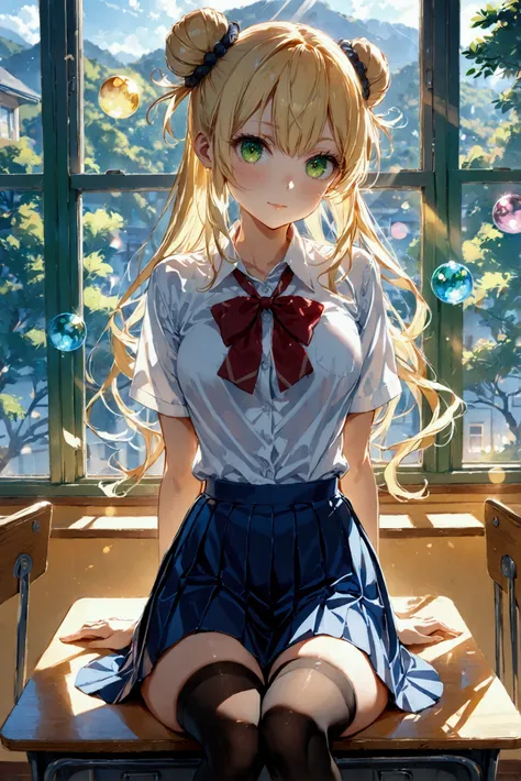 1 Girl, School girl, student, dark blue pleated skirt, skirt, white button shirt thats tucked, black thigh highs, stockings, long hair, messy bun, twin buns, blonde hair, green eyes asymmetrical bangs, human, cute, sexy, front facing, facing camera, facing...