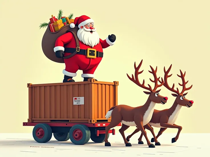 Create an image of Papanoel on an international trade container that is pulled by his reindeer on a solid background 