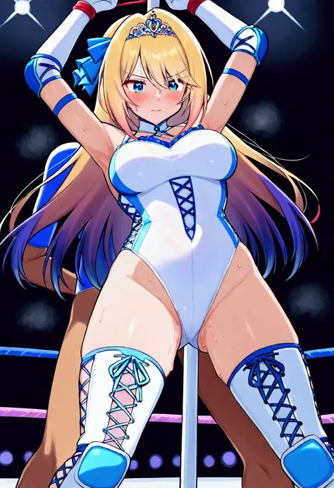  Female Pro Wrestler ,Pure white leotard,Elbow guard, leg protectors ,During menstruation,Orimono stains adhere to the crotch,Cross the top rope,Cut your crotch into the top rope,boyfriend