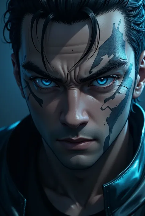 Ultra-detailed 8K image with realistic and dramatic 3D CGI art style. | Grimmjow Jaegerjaquez, the famous character of the anime and manga Bleach, is positioned in a dark and dark setting. His face is in the foreground, with exceptional details that highli...