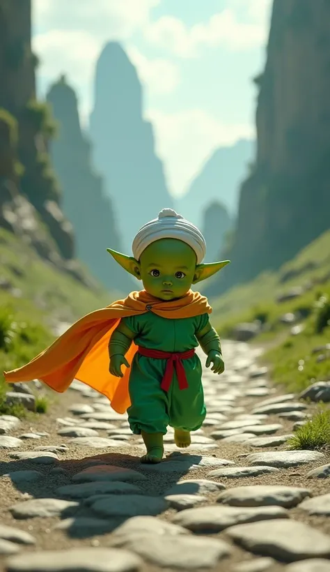 A baby dressed as Piccolo, walking down a stone pathway resembling Namek’s terrain, with a dramatic cape fluttering in the wind, heading towards the camera, ultra-realistic, 8K.”