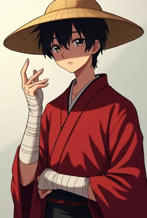 Make the image in anime,  a character whose face is covered by a shadow , Doesnt show up,  he wears a red kimono and straw hat , seu rosto Doesnt show up por conta da sombra de seu chapéu, He is a young man , With beautiful and big eyes, lips, He has a cal...