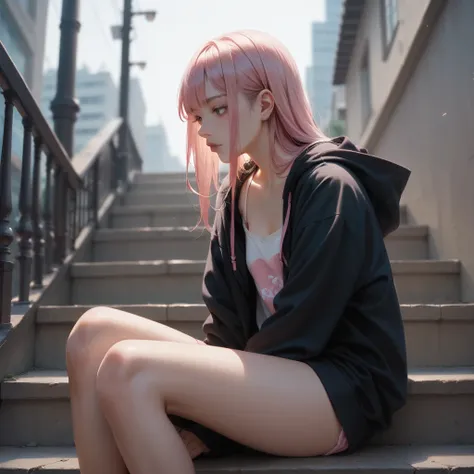 japanese girl. Pink hair with bangs. Hoodie and camisole. Sitting on stairs. In the city. Profile 