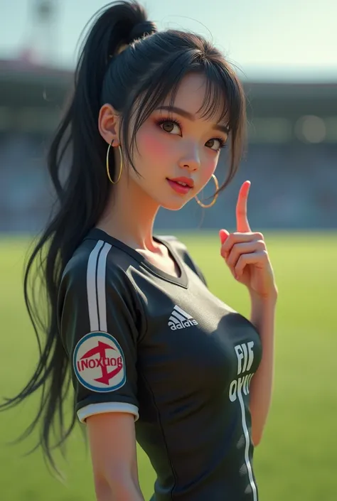 An Asian woman is looking straight at the ,Use one hand to point to your chest , and the other to point at the action spectator in different poses on the most modern football field.,  a sparkling portland skin,  glazed tile skin , Red cheeks, Pink skin,  h...