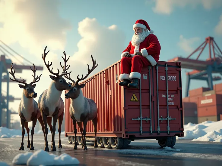 Create a realistic image of Papanoel on an international trade container being pulled by his reindeer 