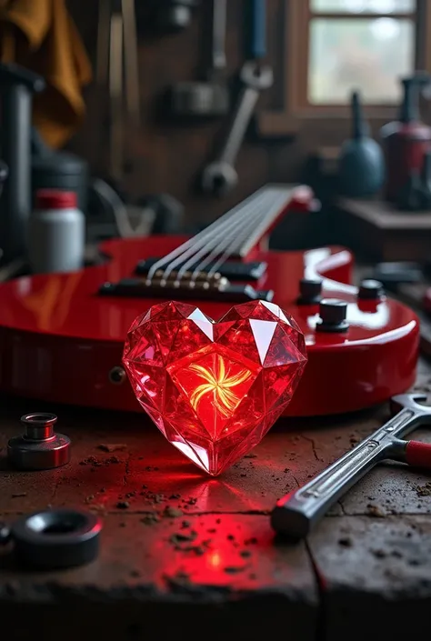 Diamond heart ,  red guitar realistic still life mechanic workshop on table 