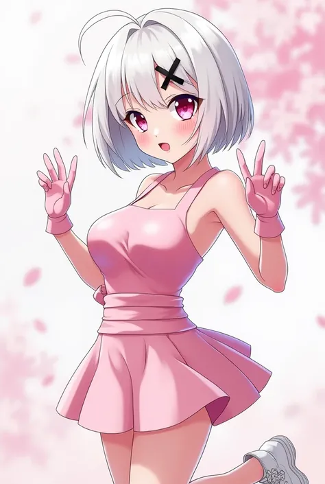 Skin color white as snow, Short white hair with bangs with a black X-shaped clip,light and bright pink eyes,Short pink colada top, And pink gloves , short pink mini skirt ,white sneakers , Big breasts ,anime,fly away,thin,with cute scenery ,Big adult