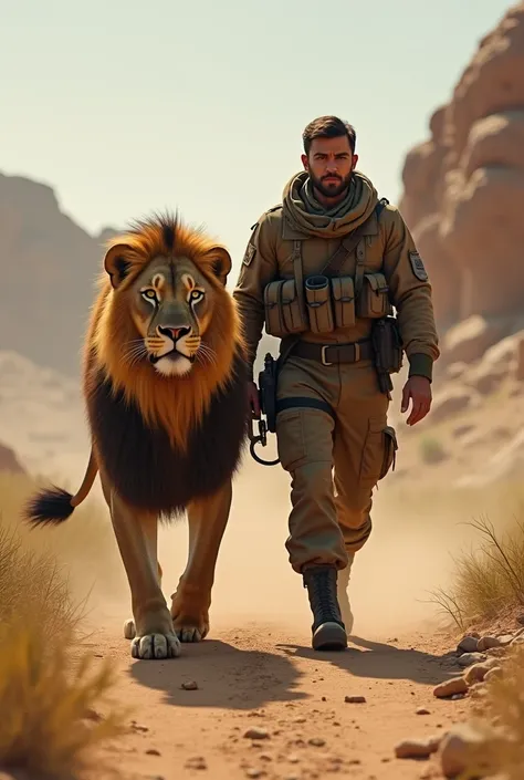 A soldier walks with a lion