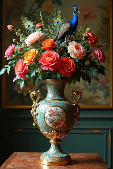  A perfect Venetian vase with beautiful peacock feathers in full bloom.Accuracy、A perfect rococo vase covered in flowers   、Perfect rococo vase covered with birds with paradise in the background 、 PROFESSIONAL CINEMATIC LIGHTING   、 masterpiece. 