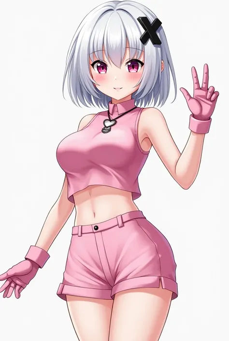 Skin color white as snow, Short white hair with bangs with a black X-shaped clip,light and bright pink eyes,Short pink colada top, And pink gloves , short pink mini skirt ,white sneakers , Big breasts ,anime,fly away,thin,with cute scenery ,Big adult